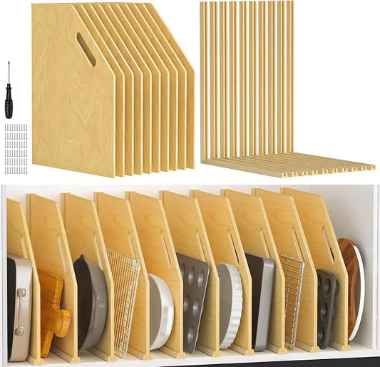 10 Pack Wood Tray Dividers Organizer For Kitchen Cabinet | Adjustable Vertical Cookie Sheet Organizer, Cabinet Dividers Organizer For Pots, Cutting Board, Pans, Lids, Baking Sheets by viespe
