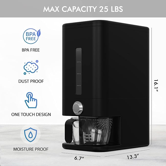 25lb Rice Dispenser - Air Tight Grain & Rice Container With Smart Quantity Dispense, Measuring Cup - NEW Black Design Grain Storage Container. - Image 7