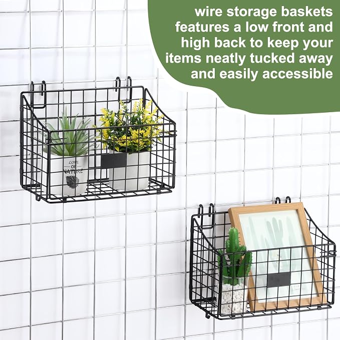 Blulu 4 Pcs Black Grid Wall Baskets, Metal Wire Wall Basket with Hooks Hanging Storage Organization Accessory for Vendor Trade Shows Kitchen Bathroom Pantry Supplies(11 x 8 x 6 Inch) - Image 3