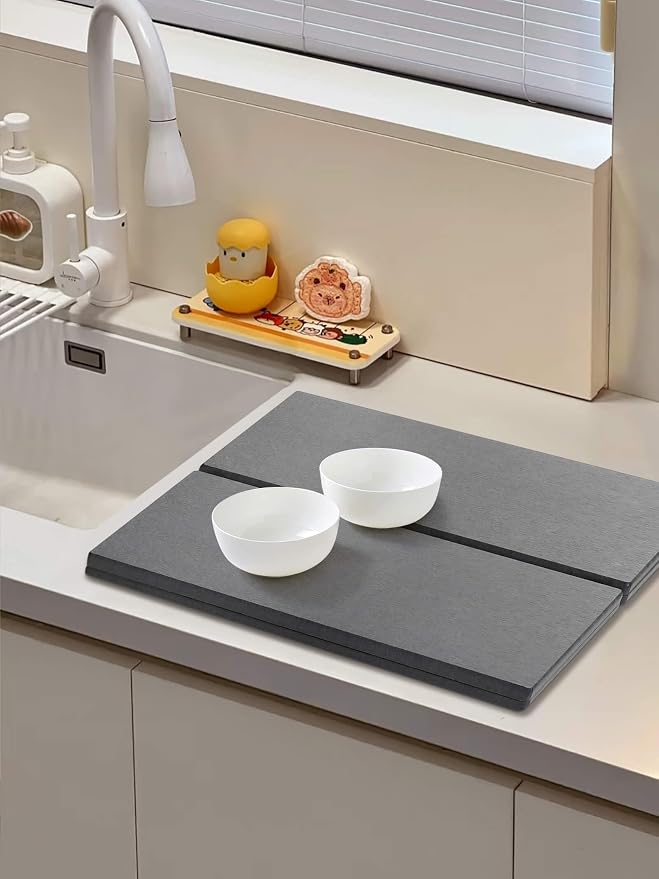 Stone Dish Drying Mat - Large Foldable Marbled Quick Drying Dish Mats, Stone Coasters Set of 4 Collapsible Ultra Absorbent Diatomaceous Earth Mats for Kitchen Counter Bathroom (Grey-4Pcs) - Image 6