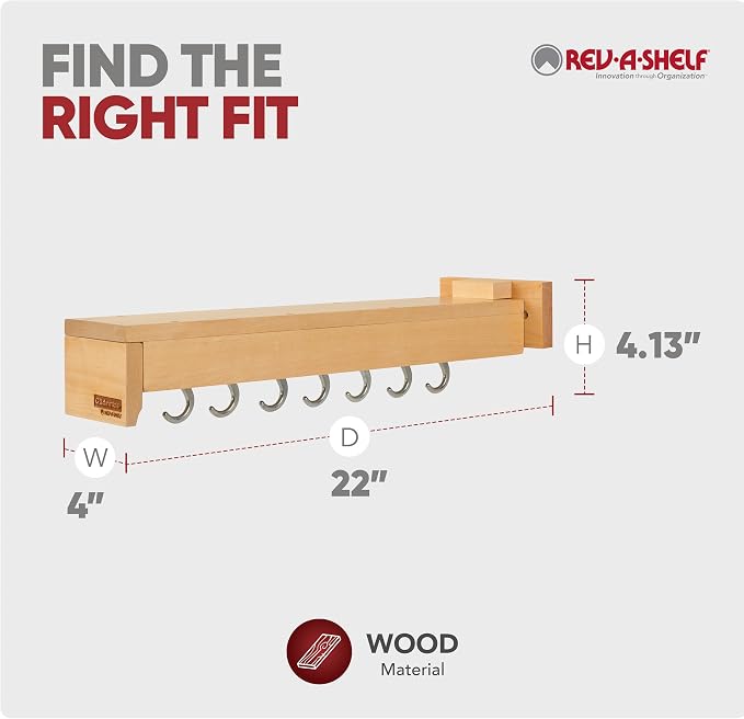 Rev-A-Shelf 22" Pullout Kitchen Cabinet Pantry Organizer with 7 Hanging Hooks with Ball Bearing Slide System, Maple Wood, GLD-W22-SC-7 - Image 3