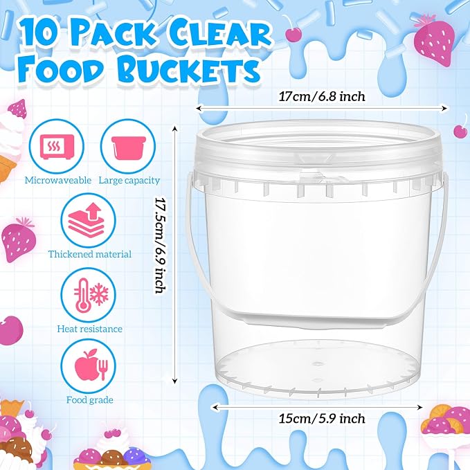 10 Pack 1 Gallon / 128 oz / 3.8 L Clear Plastic Bucket with Handle and Lids Food Storage Containers Freeze Safe Ice Cream Tubs for Deli Kitchen Drinks Home - Image 2