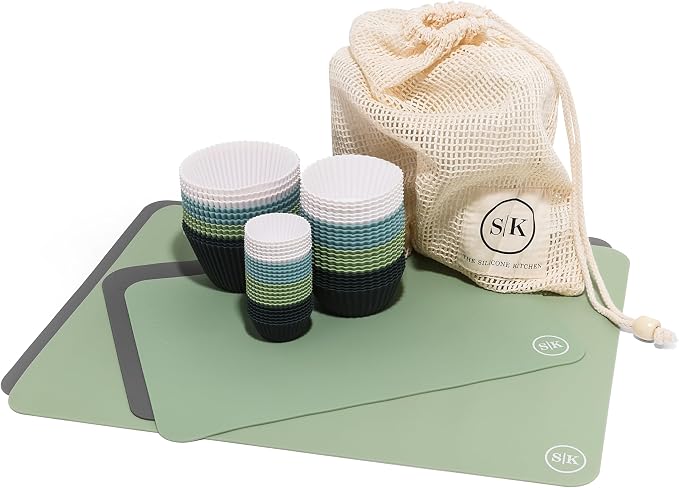 Starter Set Gift Bundle, 24 Regular, 12 Jumbo, 24 Mini Baking Cups, 2 Half-Sheet, 2 Quarter-Sheet Baking Mats, Blue, Green, White by TheSiliconeKitchen