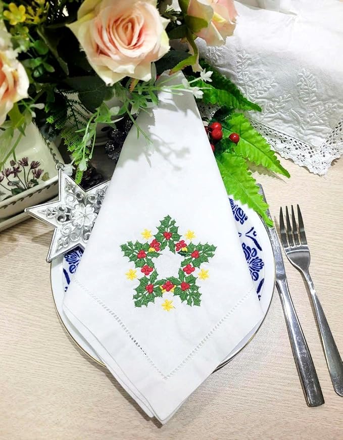 Embroidered Cloth Napkin Holly Star Christmas Cotton Napkins Set of 6, 20 x 20 Hemstitch Table Napkins, Machine Washable, Daily & Holidays, Great Gift Ideas - Image 5