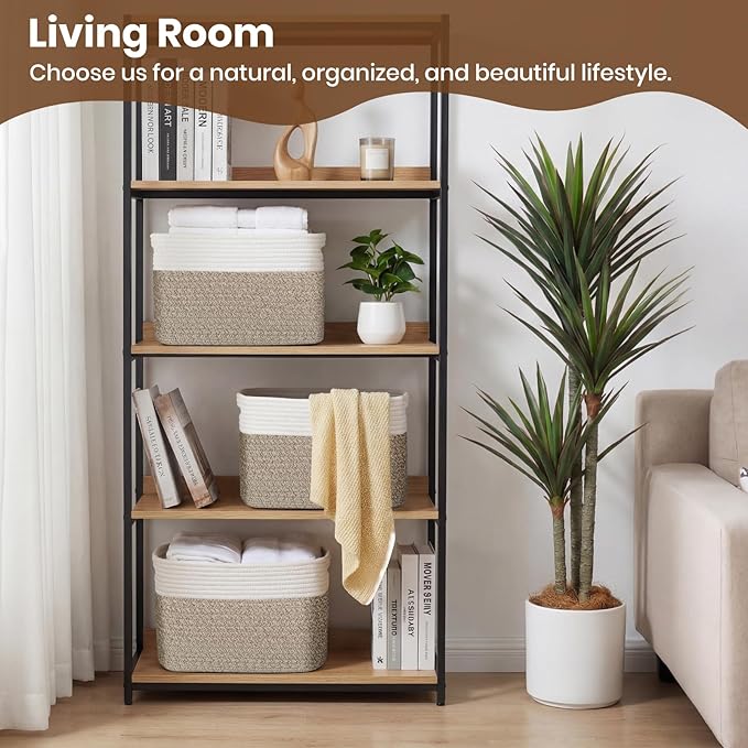 Storage Baskets for Organizing, 14 x 10 x 9” Closet Shelf Woven Baskets, Square Bins with Handles, Cotton Rope Basket for Clothes, Office, Room, White+Rice Brown 4 Pack - Image 3
