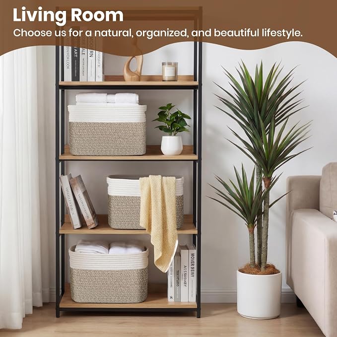 Storage Baskets for Organizing, 14 x 10 x 9” Closet Shelf Woven Baskets, Square Bins with Handles, Cotton Rope Basket for Clothes, Office, Room, White+Rice Brown 3 Pack - Image 3