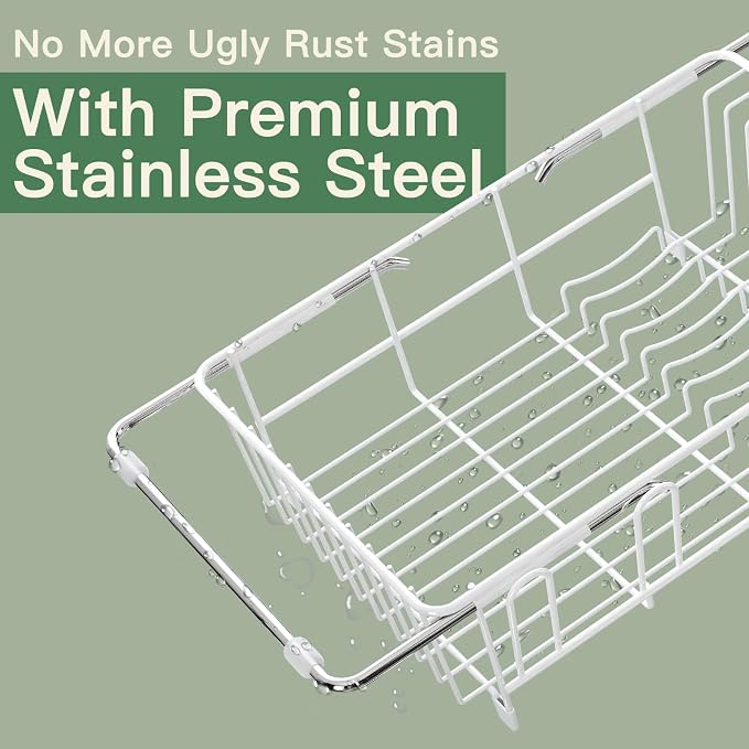 White Dish Drying Rack Over The Sink with Utensil Holder | Expandable Stainless Steel Dish Drainer for Small Kitchen, Apartment, RV, Counter Space Saving, Perfect Fit, Rustproof - Image 4