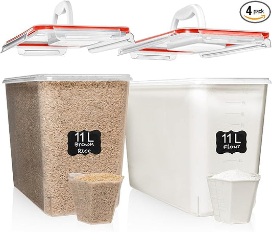 Shazo 2 PC (11L | 372 oz) Flour Sugar Storage Containers with Easy Carry Handle - Plastic Extra Large Food Storage Containers with Lids for Rice Cereal, BPA Free & Airtight Kitchen Pantry Organization by Shazo