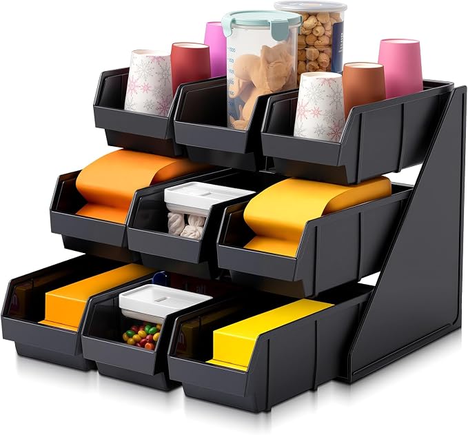 Novabright 9 Compartment Serve Condiment Bin Self Serve Condiment Packet Organizer Stand Countertop Plastic Containers Storage Display Rack for Coffee Shops Restaurants Bars(9 Bin) by Unknown