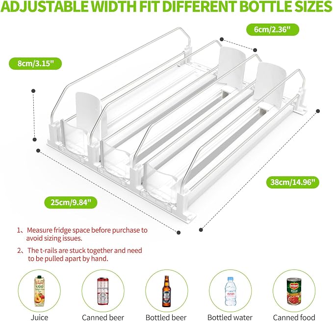 Coanto Drink Organizer for Fridge, Soda Can Organizer for Refrigerator with Automatic Pusher Glide, Adjustable Width Drink Dispenser for Fridge, Holds up to 15 Cans or Bottles, 3 Row - Image 4