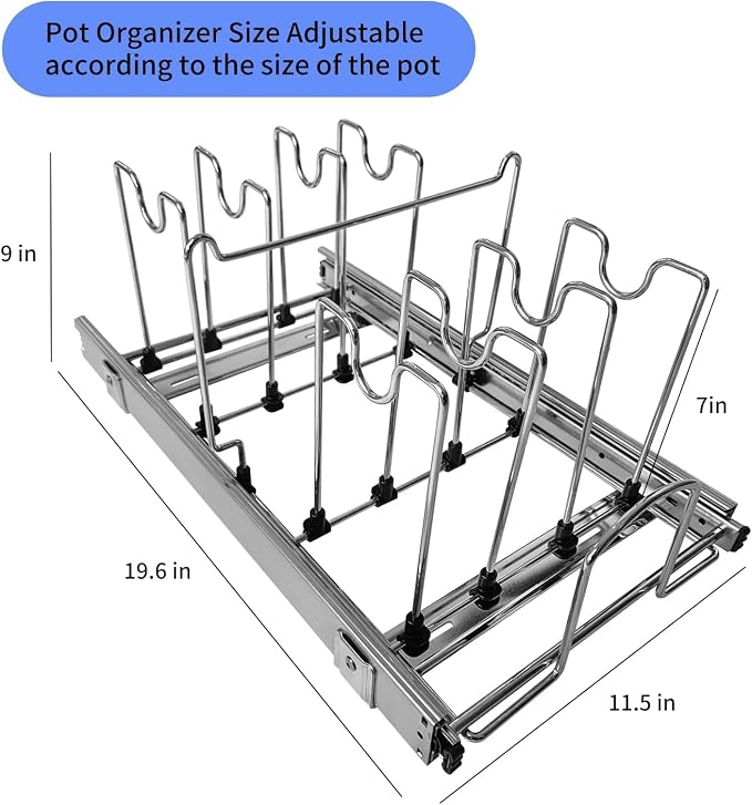 Pots and Pans Pull Out Organizer Under Cabinet, Adjustable Slide Out Pan and Pot Lid Rack Holder, Wire Dividers Kitchen Organization And Storage, Full-Extension Rail 12" W X 20" D - Image 8