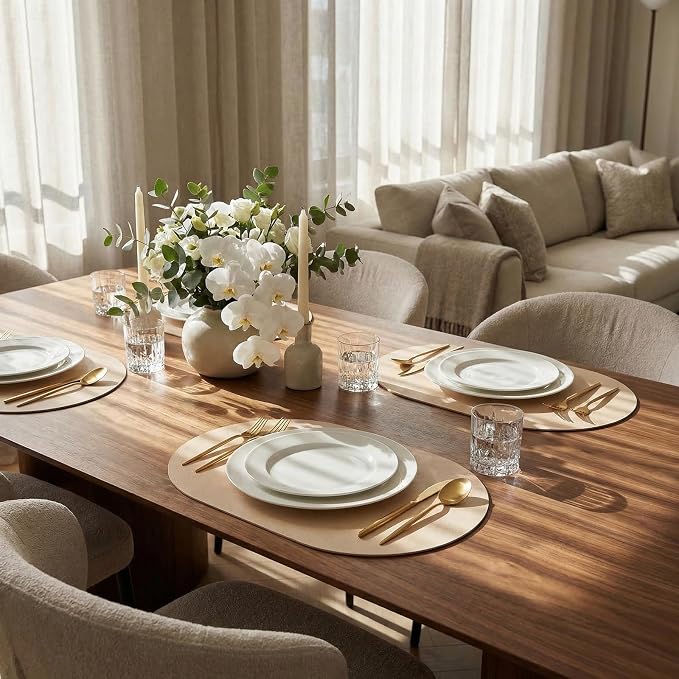 Oval Placemats 2mm Ultra Thick Faux Leather Table Mats, Heat Resistant Waterproof Wipeable Dining Mats for Kitchen Table, Set of 12, Beige - Image 7