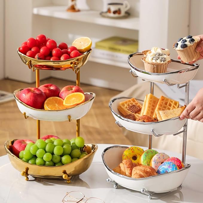 3 Tier Fruit Bowls For Kitchen Counter, Ceramic Fruit Basket Stand | Metal Fruit Serving Tray, Large Capacity, Snacks Nuts Cake Storage Holder for Party, Silver 1 - Image 2