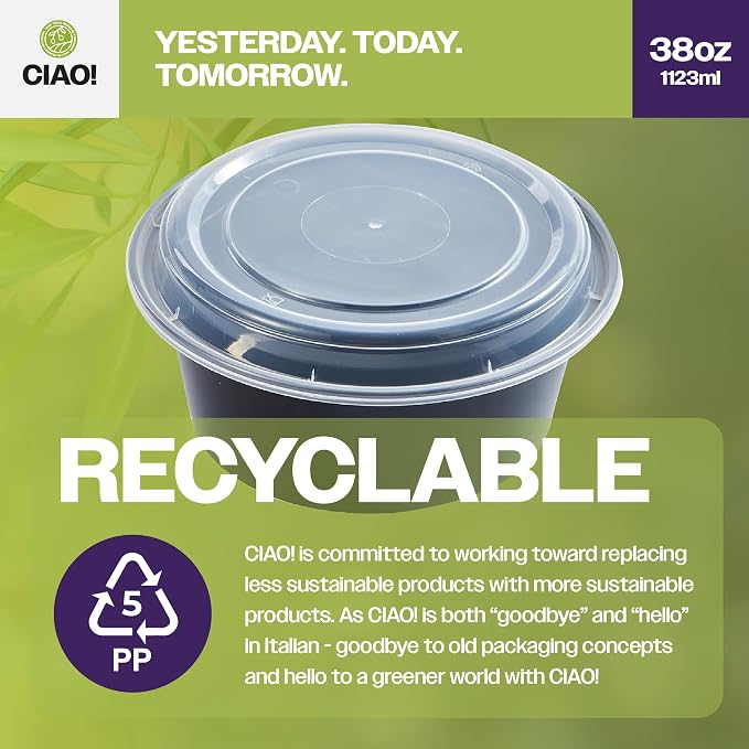 CIAO! Heavy Weight 38oz Injection Molded Microwavable Black Round Food Container with Lid (150/case) - Image 3