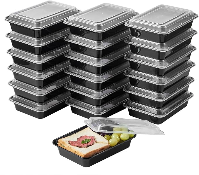 Jaluxing 50 Pack Meal Prep Plastic Food Storage Containers With Lids 28 oz 1 Compartment Black Rectangular To Go Lunch Prepping Boxes BPA-Free Microwavable Freezer Safe Stackable (Formerly FULING) by JALUXING