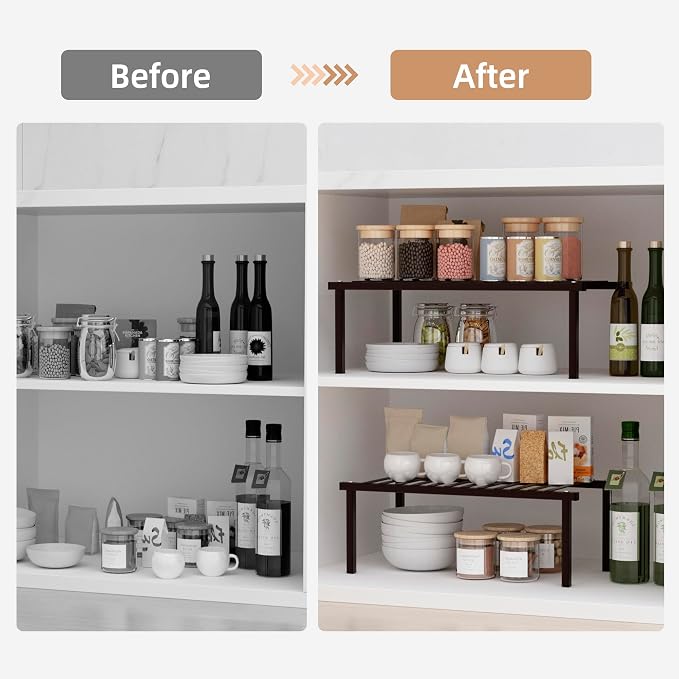 STORAGE MANIAC Expandable Cabinet Organizer Shelf, Set of 4, Brown | 15.8 inches Expandable, Stackable Wire Shelf, Spice Rack, Metal Pantry Storage for Plate Dish, Kitchen Counter Shelves - Image 4