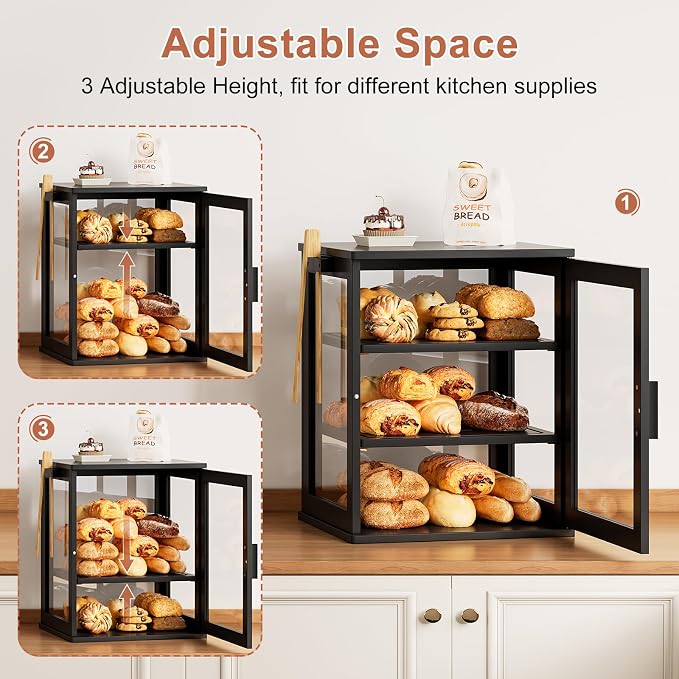 WOWLIVE Bread Box for Kitchen Countertop, 3 Layers Bread Storage Container | Large Bamboo Bread Bin for Homemade Bread with Window, Farmhouse Breadbox Organizer for Kitchen, Cabinet, Black, Extra Large - Image 7