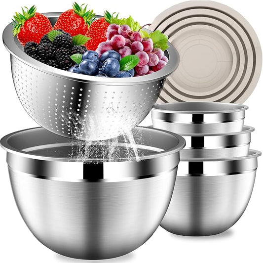 DUTZUN Stainles Steel Mixing Bowls with Lids Set, Stackable Metal Mixing & Serving Bowl with Strainer, 5-Piece - Beige by DUTZUN