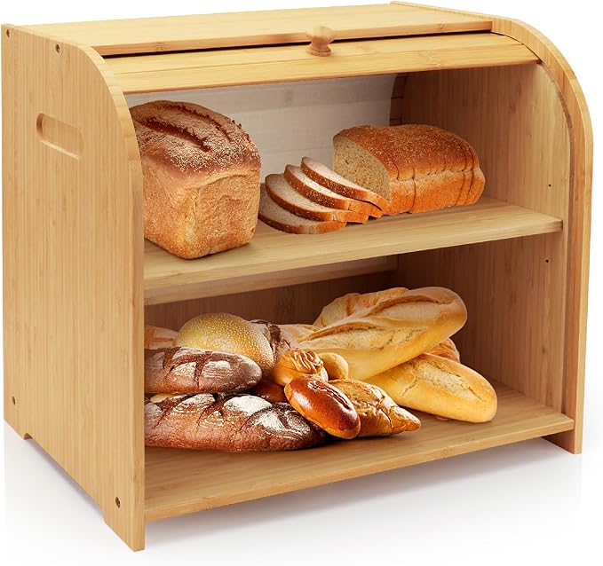 Bread Box for Kitchen Countertop, Double Layer Bamboo Bread Storage Container for Homemade Bread, Roll Top Bread Box with 3 Adjustable Height for Kitchen Counter, Natural Breadbox Organizer | 3 Adjustable Height, Large Capacity, Bamboo Bread Storage Co... by Thalomely