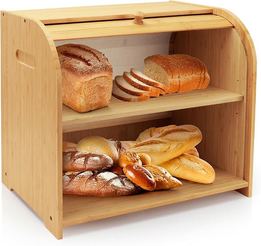 Bread Box for Kitchen Countertop, Double Layer Bamboo Bread Storage Container for Homemade Bread, Roll Top Bread Box with 3 Adjustable Height for Kitchen Counter, Natural Breadbox Organizer | 3 Adjustable Height, Large Capacity, Bamboo Bread Storage Co... by Thalomely