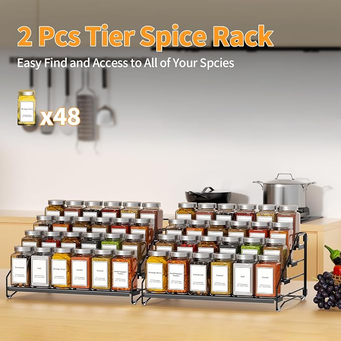 BOIVSHI 4 Tier Spice Rack Organizer, Spice Rack for Cabinet, Adjustable Depth Seasoning Shelf for Countertop, Pantry, Seasoning Organizer, Metal, Black (2 Pack) - Image 6