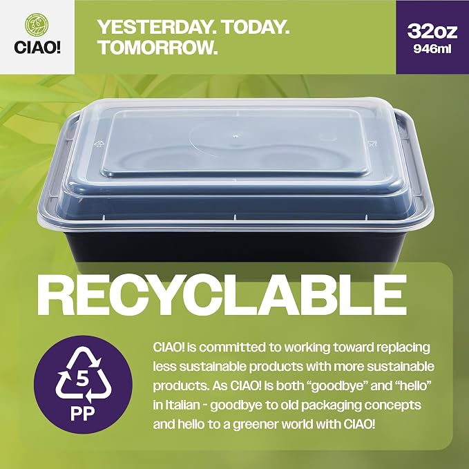 CIAO! Heavy Weight 32oz Injection Molded Microwavable Black Rectangular Food Container with Lid (150/case) - Image 3