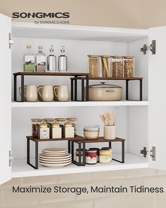 SONGMICS Cabinet Organizer Shelf, Set of 2 Kitchen Counter Shelves, Kitchen Storage, Spice Rack, Stackable, Expandable, Metal and Engineered Wood, 15.6 Inches, Walnut & Matte Black UKCS025K01 - Image 2