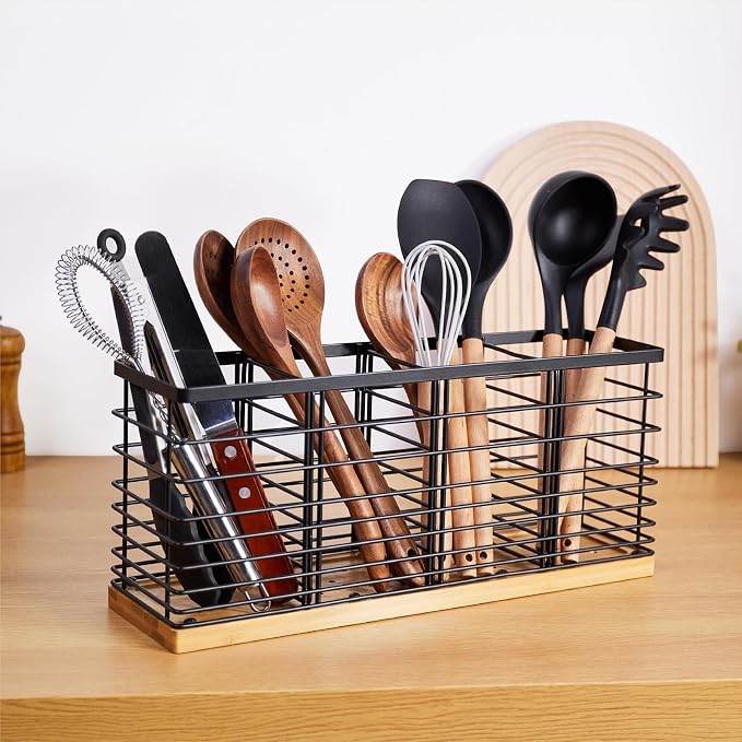 WDT Tool Large Utensil holder for Kitchen Counter- 15.7" x 4.2" x 6.9" Utensils Holder For Farmhouse Cooking, Utensil Caddy Spatula Holder (4 Compartments) - Image 4