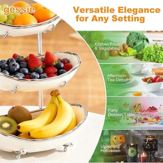 3 Tier Fruit Bowl for Kitchen Counter,Ceramic Bowl with Metal Stand,3 Tier Fruit Basket for Vegetable Bread Candy Snack Nuts Dessert Cake Tray (White Bowl Silver Rack) - Image 6