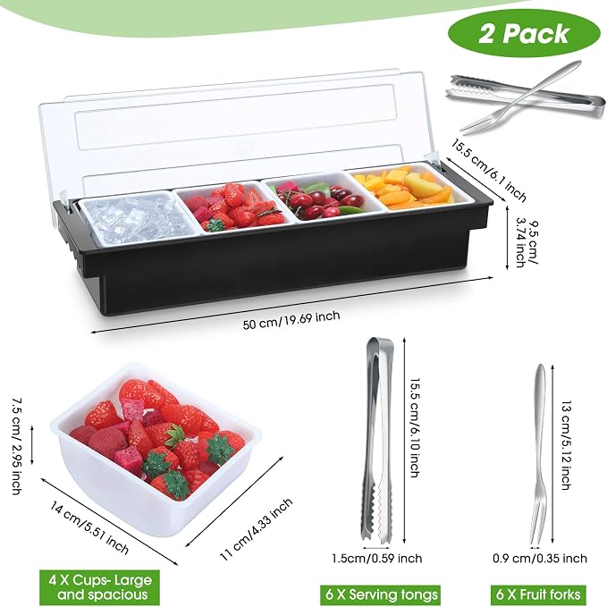 2 Pcs Garnish Tray with Lid for Bartender Condiment Caddy Removable Chilled Fruit Condiment Server with 6 Tong and 6 Fork for Serving Salad Bar Topping Organizer for Restaurant Supply(4 Compartments) - Image 2