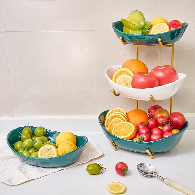 3 Tier Ceramic Fruit Bowl for Kitchen Counter | Tiered Fruit Basket for Countertop, Serving Tray for Food, Vegetable, Cake, Dessert in Party(Dark Green) - Image 6