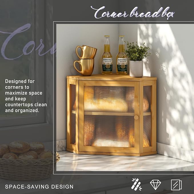 Corner Bread box for Kitchen Countertop,Farmhouse Bread Box with Acrylic Wavy Door Panel,Large Bread box for kitchen countertop,Kitchen Countertop Food Storage Container (Natural, Meduim) - Image 3