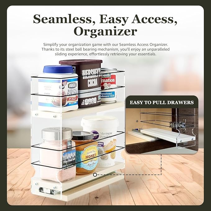 Sliding Spice Rack Organizer for Cabinets - Pull Out Shelves for Upper Kitchen Cabinets - Cabinet Organizer/Storage - 2 Tiers - 3.45" x 10.75" x 10.6" (Cream, Partially Assembled) - Image 5