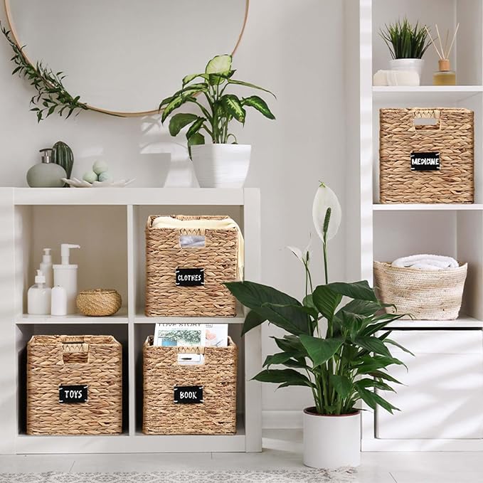 Jinei 12 Pcs Wicker Storage Basket Bulk, 10 x 10 x 10 Inch Handwoven Hyacinth Folding Cube Bin with Handles Labels for Shelves Pantry Laundry Organization - Image 5
