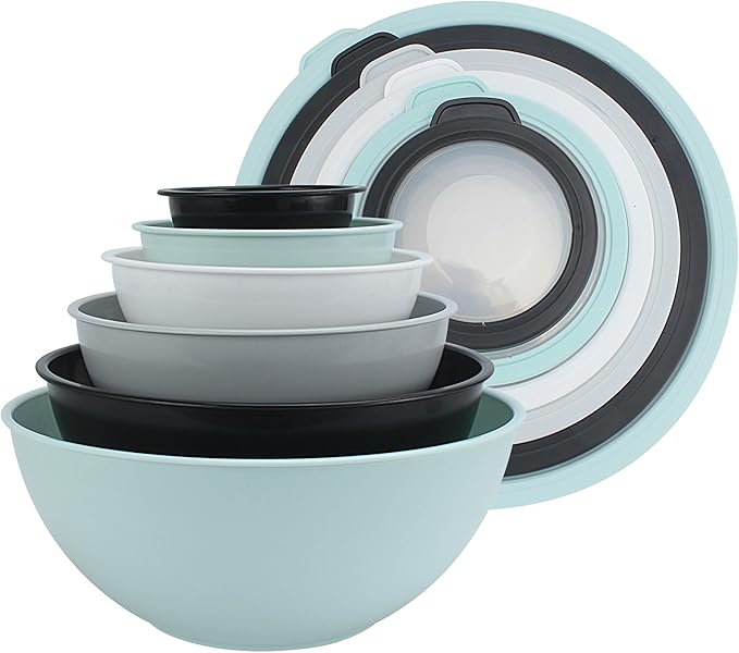 COOK WITH COLOR Mixing Bowls with TPR Lids - 12 Piece Plastic Nesting Bowls Set includes 6 Prep Bowls and 6 Lids, Microwave Safe Mixing Bowl Set (Mint) by CookwithColor