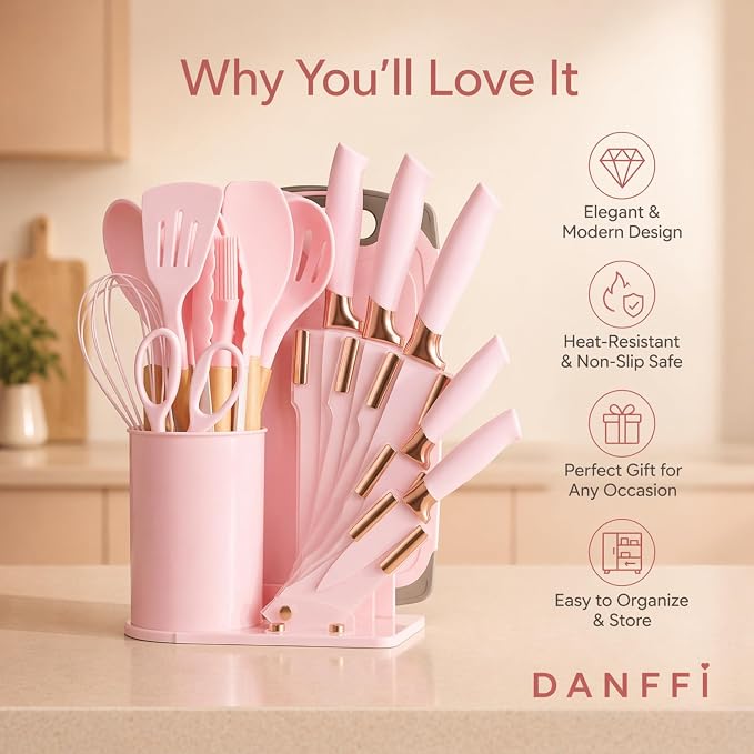19-Piece Pink Kitchen Utensils Set with Knife Set & Cutting Board - Silicone Cooking Utensils with Wooden Handles, Rose Gold Accents, Scissors, Whisk & Tongs - BPA-Free Pink Kitchen Gift Set - Image 4