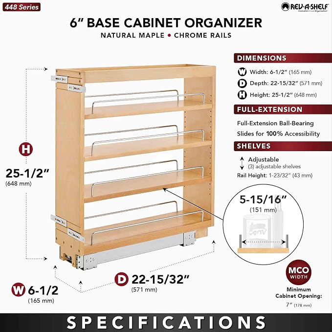 Rev-A-Shelf Maple Pullout Organizer for Full Height Base Cabinets, Full Extension Slides & Adjustable Shelves, Min Opening Width of 7", 448-BC-6C - Image 3