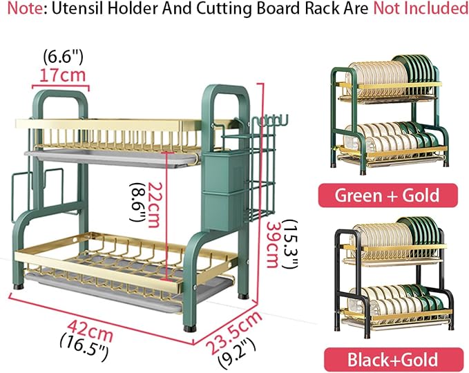 CAKERS Dish Drying Rack with Removable Drain Tray|Carbon Steel Dish Strainers for Kitchen Counter|Tableware Holder Dinnerware Drainer Organizer,Black Gold,2 Tier-Main Shelf - Image 2