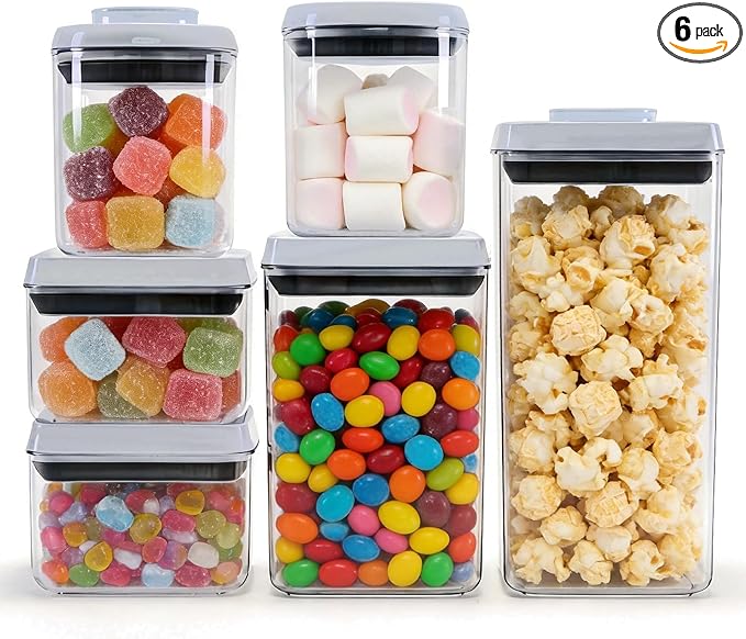 Pop Push Button Airtight Food Storage Containers 6 Set | 4 Sizes: 0.65/0.7/1.8/2.4Qt, BPA-Free Clear Canisters for Pantry, Pasta, Snacks, Coffee, Pet Food, Fridge by MiraFureBrand