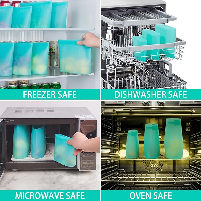 Reusable Food Bags, 12 Pack 100% Silicone Food Storage Bags Stand Up Zip Lock Container, Freezer Microwave Oven Dishwasher Safe, 4 Medium 4 Small 4 Extra Small, Aqua - Image 6