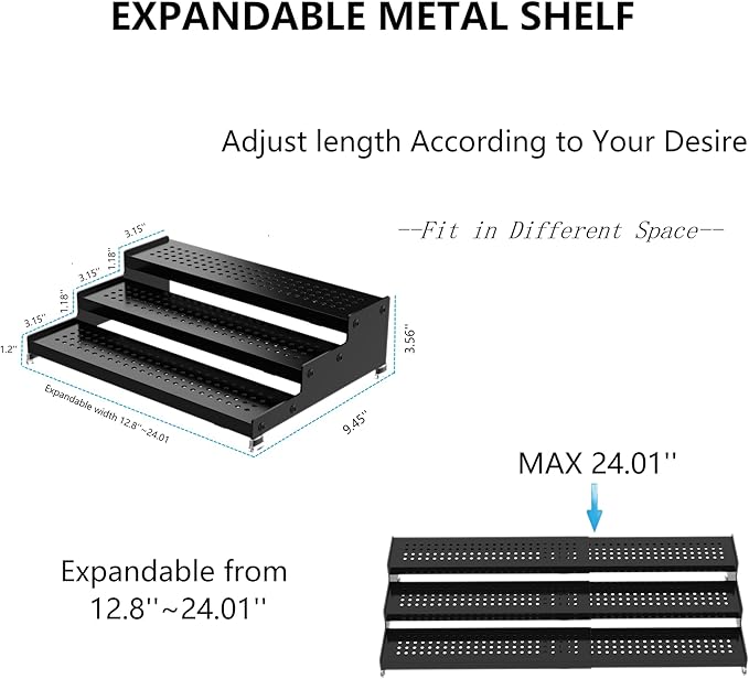 Expandable Spice Rack organizer with 3-Tier step shelf,Modern Design heavy duty,Non Skid and Visibility,Great for Kitchen Cabinet, Pantry and more(1PACK/BLACK) - Image 2