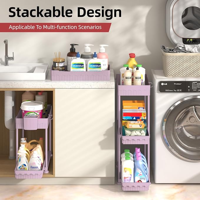 4-Pack 2-Tier Under Sink Organizer with Pull Out Drawers | Multi-use kitchen & bathroom storage. Includes hanging hooks and cups. Pink, space-saving cabinet design. 14.8 Inch - Image 8