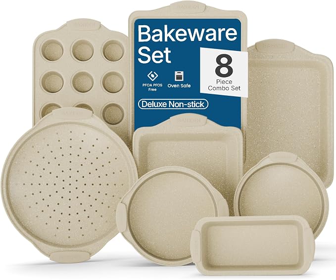 Deluxe 8-Piece Carbon Steel Bakeware Set - Nonstick White Marble Coating, Silicone Handles - Professional Quality Kitchen Oven Baking Pans by BAKK%C3%8BNMASTER
