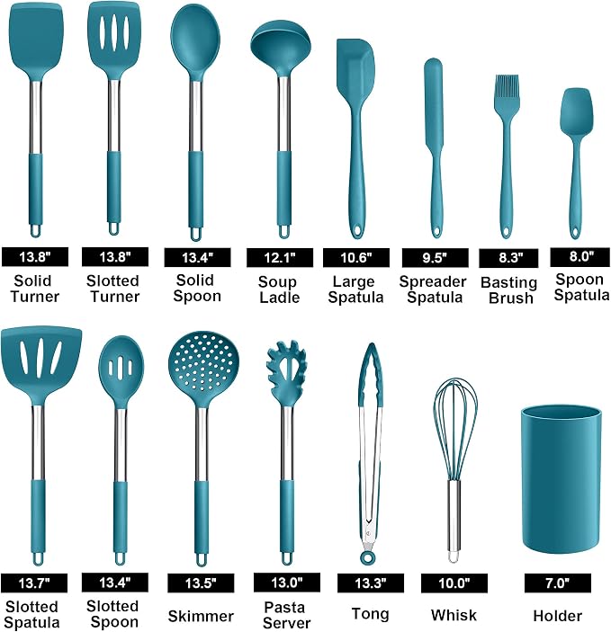 LIANYU 15-Piece Kitchen Cooking Utensils Set with Holder | Silicone Kitchen Tools Stainless Steel Handle, Slotted Spatula Spoon Turner Tong Whisk Brush for Cooking, Dark Blue - Image 2