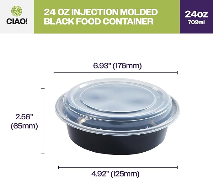CIAO! 24oz Heavy Weight Injection Molded Microwavable Black Round Food Container with Lid (150/case) - Image 4