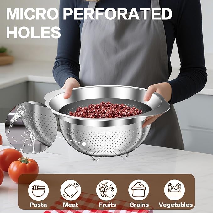 Large Strainers and Colanders, Big Stainless Steel Colanders for Kitchen, Stainless Steel Strainer Set of 3 (7 QT, 6 QT, 5 QT) for Draing Pasta Spaghetti Fruit Vegetable - Image 4