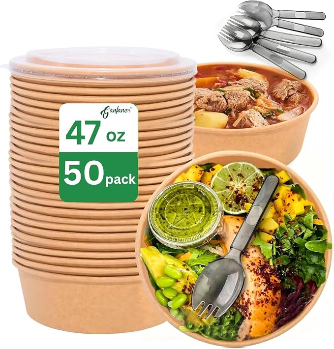47 OZ Disposable Paper Bowls w/Lids Extra Large 50 Sets, Meal Prep Food Container Box w Lids Sporks, Spill-Proof Salad Bowls To Go Microwave, Perfect for Large Size Food without Bending by GanfanerEcoPackHomeKitchen