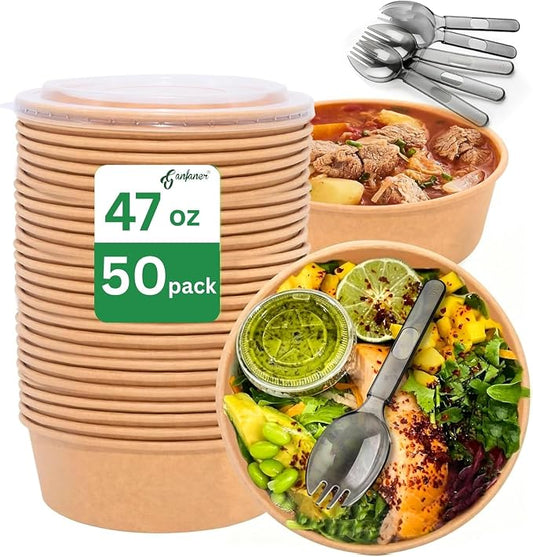 47 OZ Disposable Paper Bowls w/Lids Extra Large 50 Sets, Meal Prep Food Container Box w Lids Sporks, Spill-Proof Salad Bowls To Go Microwave, Perfect for Large Size Food without Bending by GanfanerEcoPackHomeKitchen