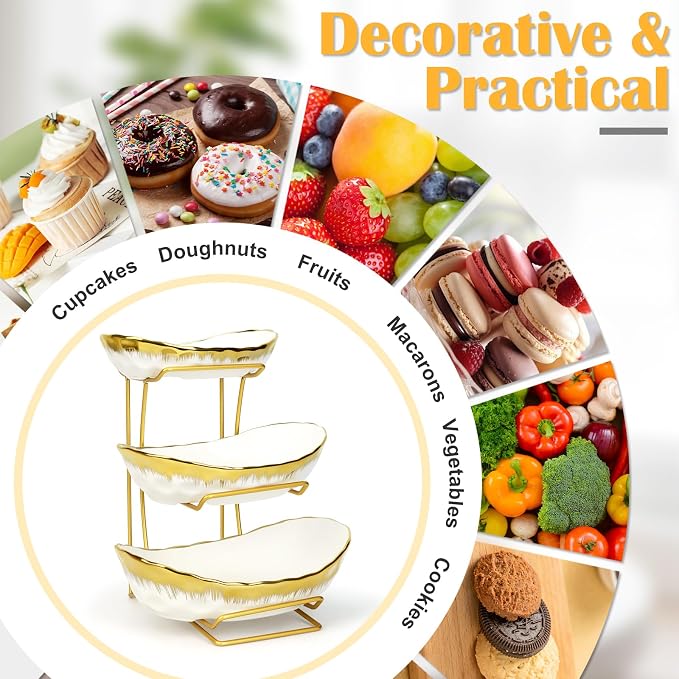 3 Tier Fruit Bowl for Kitchen Counter,Ceramic Fruit Basket with Metal Stand | Tiered Holder for Displaying Snacks, Vegetables, Nuts, Desserts, Bread, Candy Storage, Modern Countertop Organizer - Image 6
