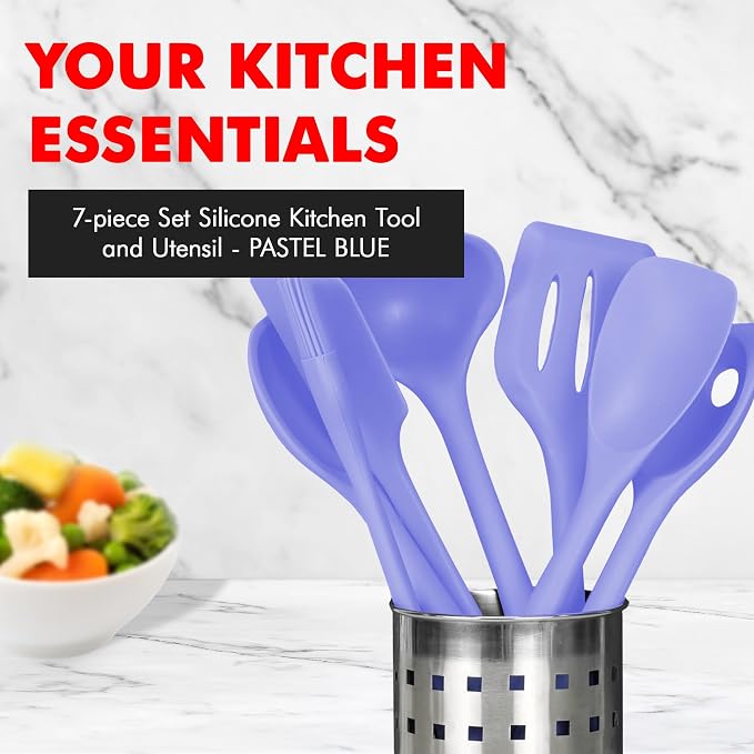 Chef Craft - Premium Silicone Kitchen Tools and Utensils Set, Non-Scratch, Withstands Temperatures up to 450°F, BPA-Free, 7 Piece Cooking Utensils Set, Pastel Blue - Image 2